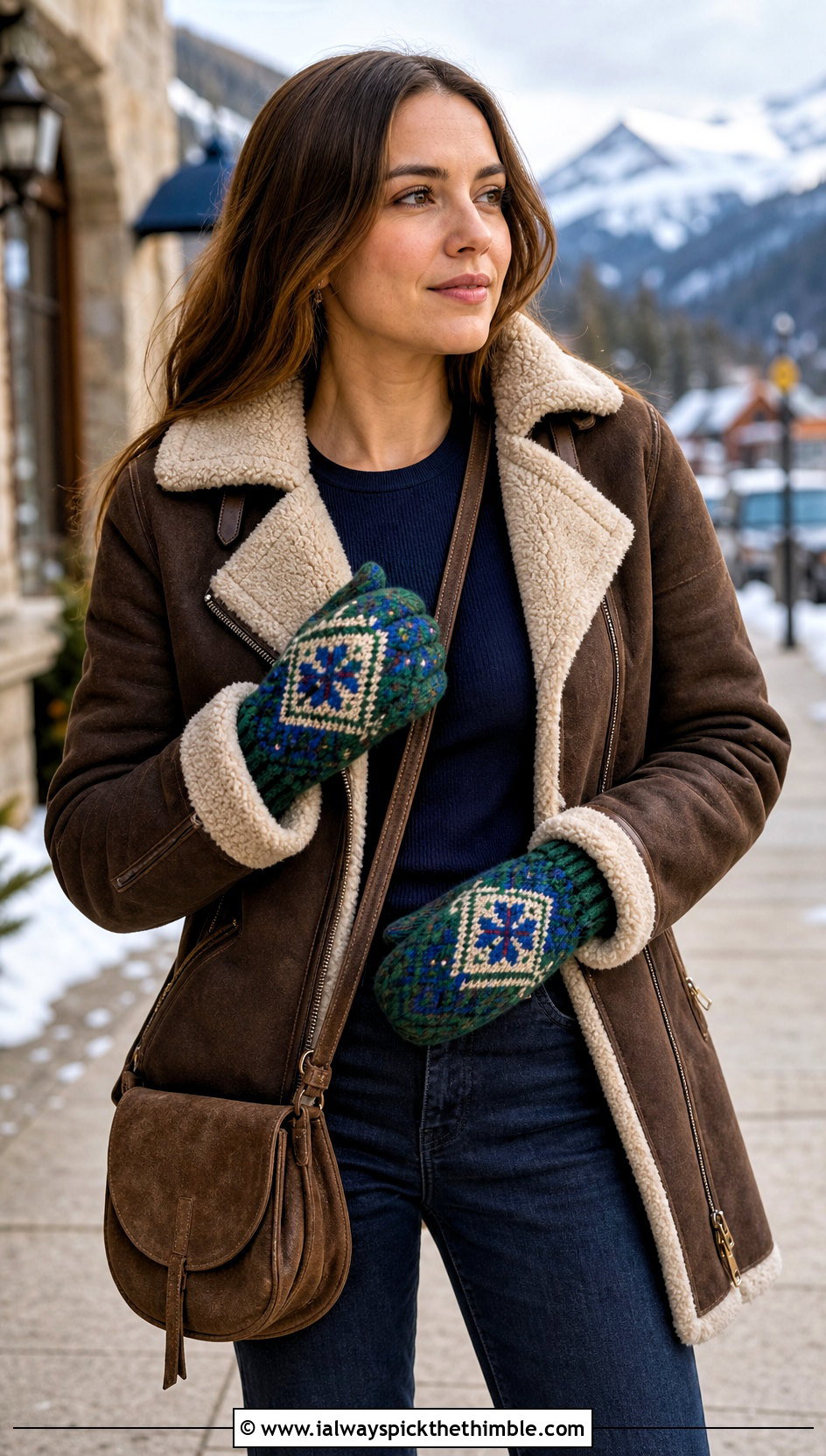 Tapestry Crochet Mittens With A Shearling Jacket - 15 vintage crochet mitten outfit ideas
