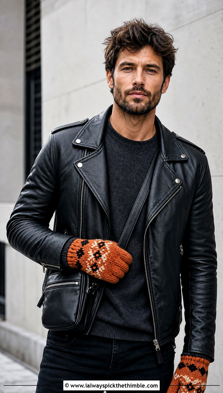 Tapestry Crochet Mittens With Leather Jacket - 20 crochet mittens for men outfit ideas