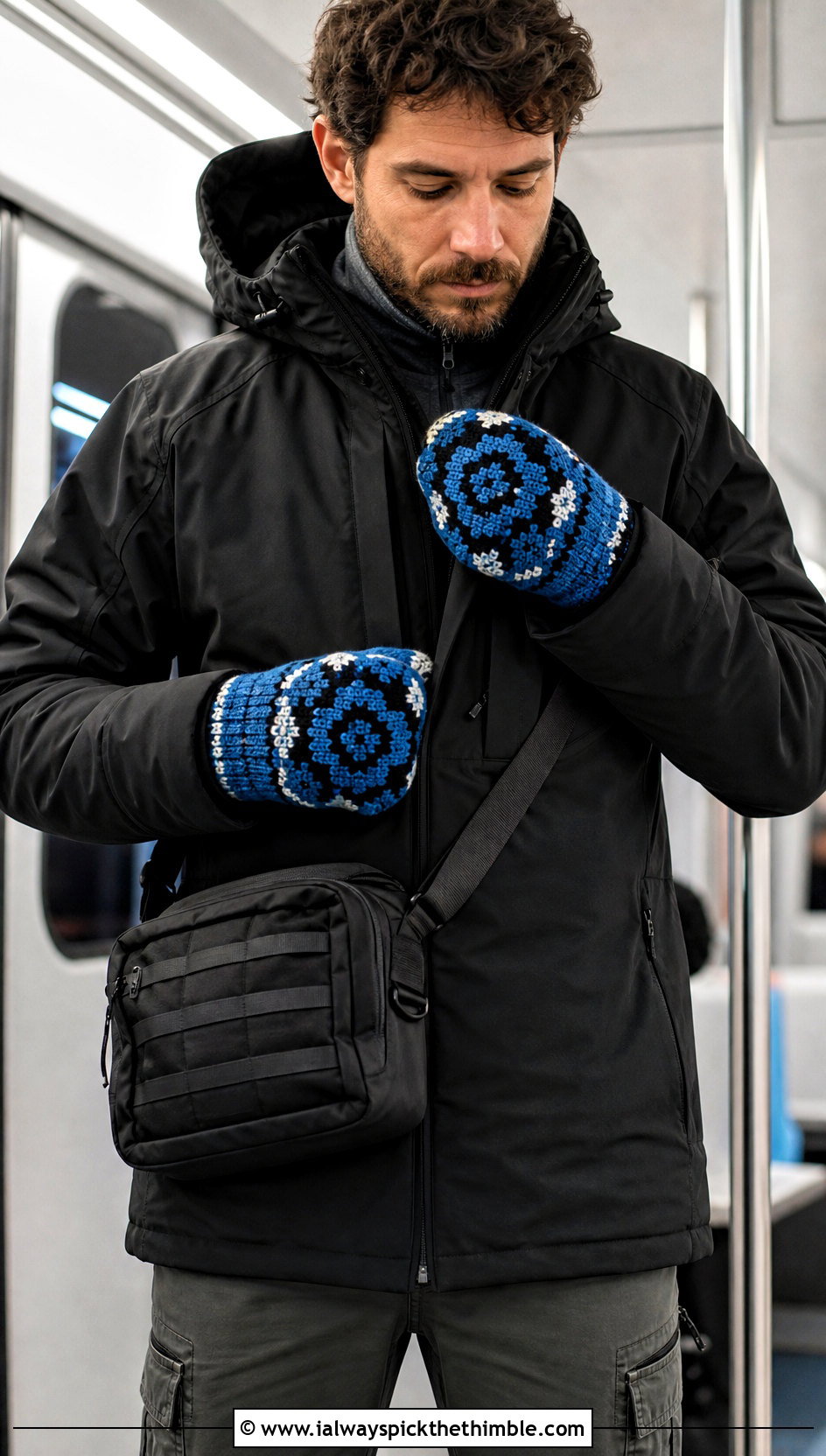 Tapestry Crochet Mittens With Technical Parka - 20 Mens Crochet Mittens outfit ideas