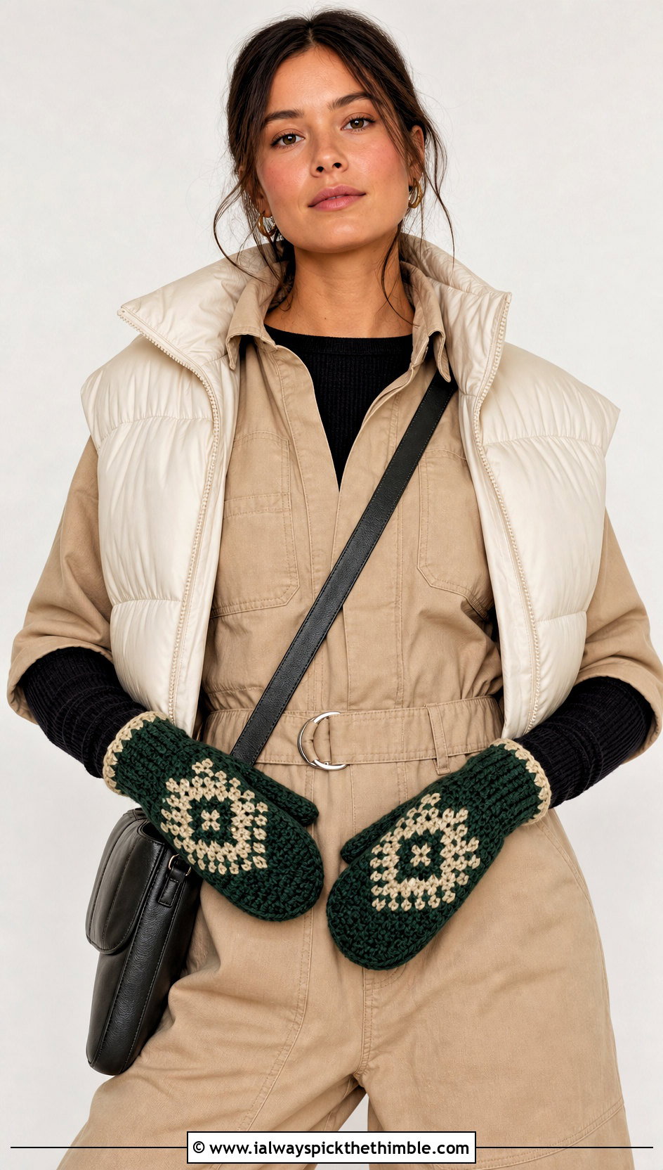 Tapestry Crochet Mittens With Utility Jumpsuit - 25 easy crochet mittens for beginners outfit ideas
