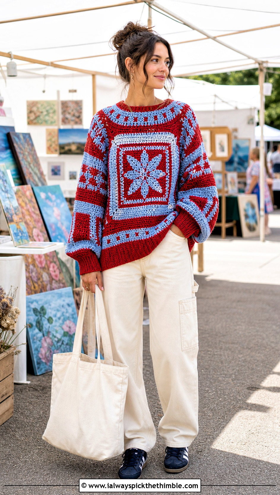 Tapestry Crochet Oversized Sweater With Carpenter Jeans - 25 crochet oversized sweater outfit ideas