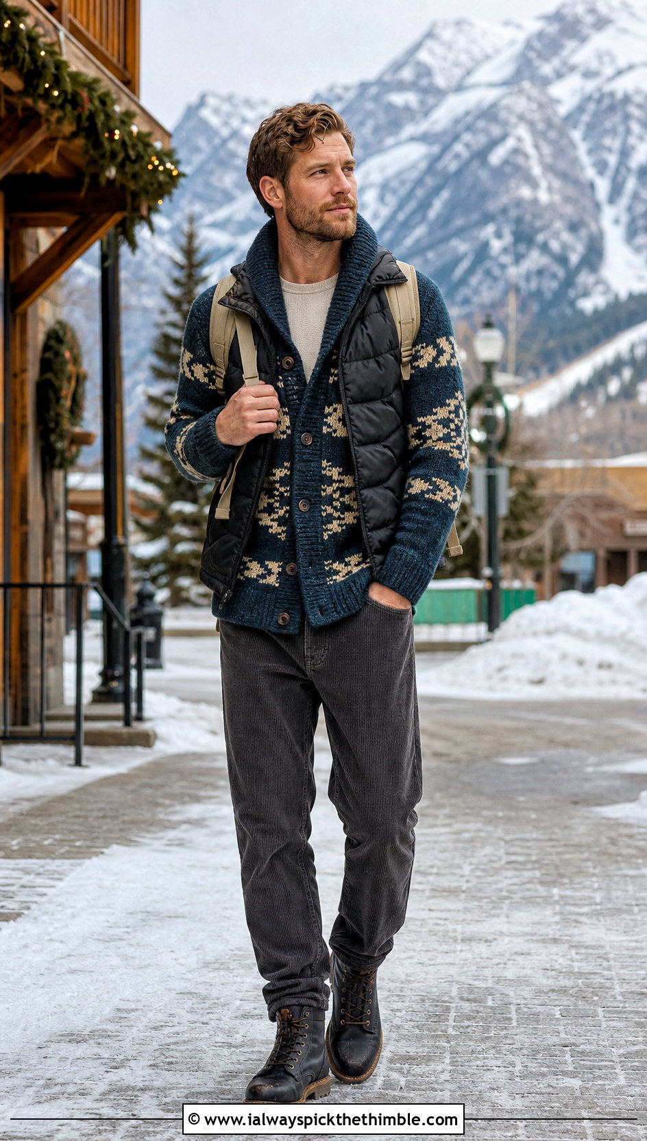 Tapestry Crochet Shawl Collar Cardigan With Corduroy Pants - 20 Mens Crochet Shawl Collar Cardigan outfit ideas