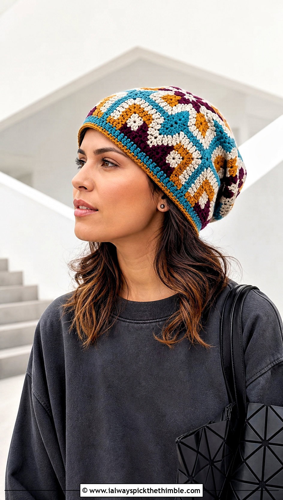 Tapestry Crochet Slouch Beanie With Minimalist Outfit - 25 crochet slouch beanie outfit ideas