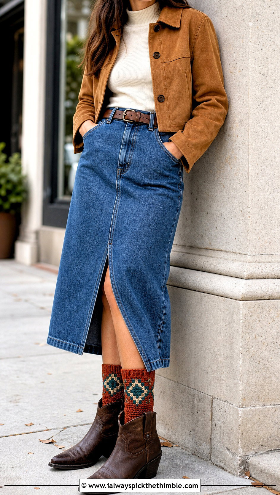 Tapestry Crochet Socks With Western Boots And Denim Skirt - 25 crochet socks outfit ideas