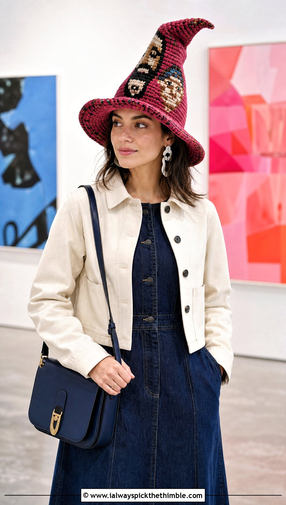 Tapestry Crochet Sorting Hat With Denim Midi Dress - 25 crochet sorting hat outfit ideas