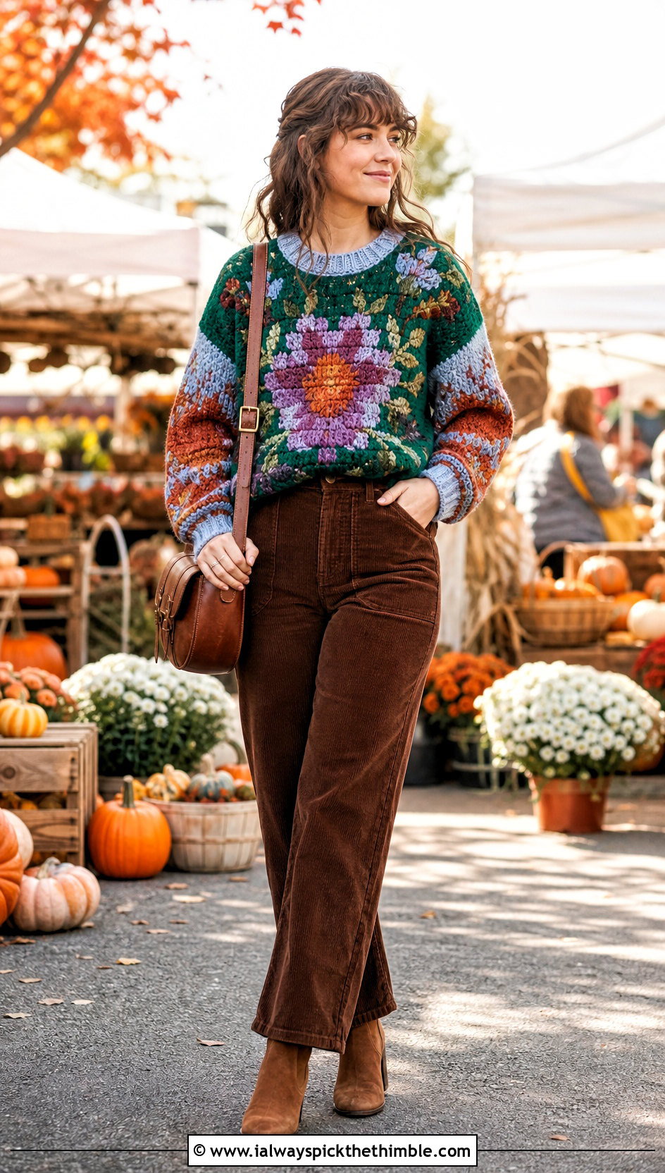 Tapestry Crochet Sweater With Corduroy Pants - 20 Colorful Crochet Sweater Ideas
