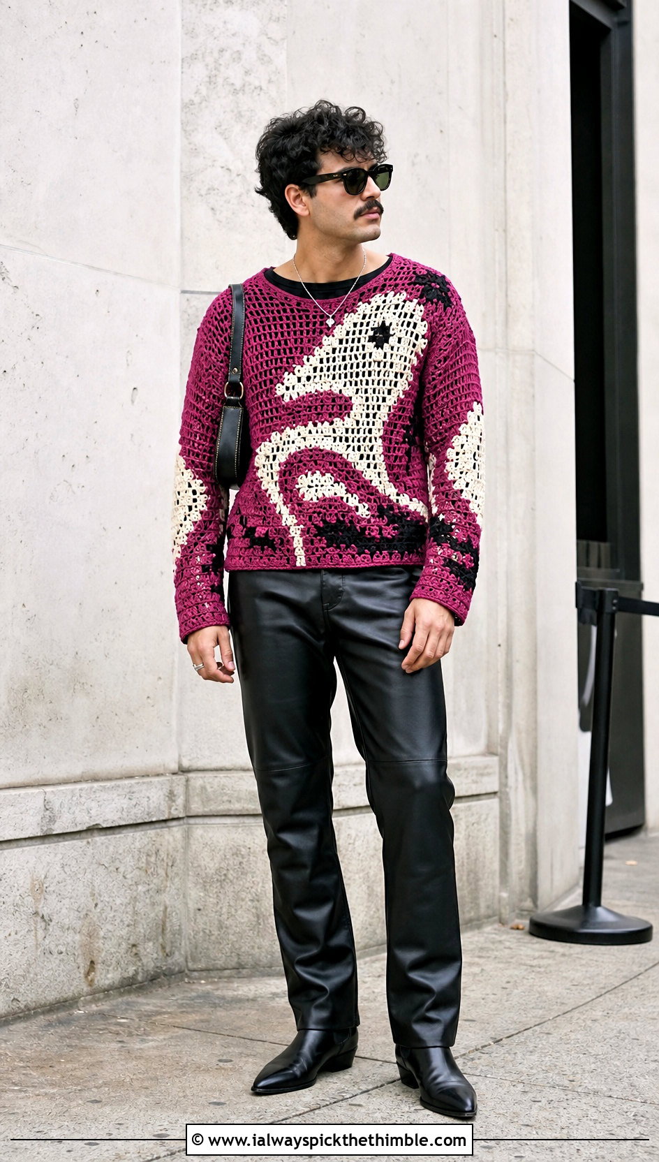 Tapestry Crochet Sweater With Leather Pants - 25 crochet man sweaters outfit ideas