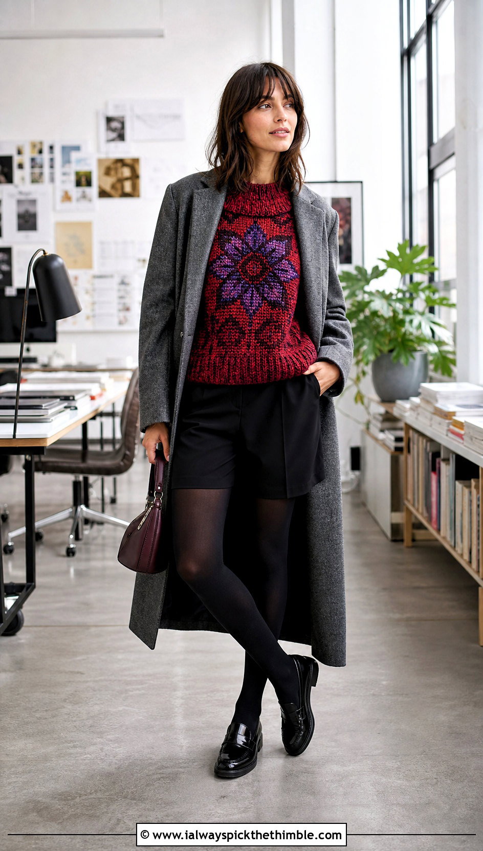 Tapestry Crochet Sweater With Tailored Shorts And Tights - 20 cozy crochet sweater outfit ideas