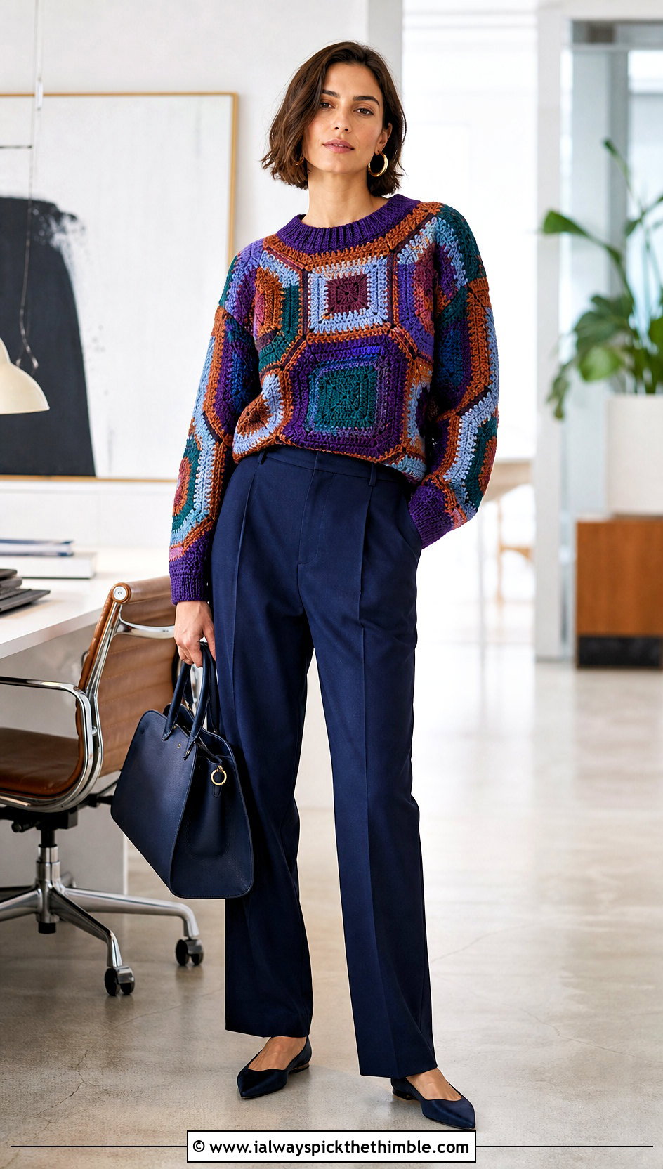 Tapestry Crochet Sweater With Tailored Trousers - 25 colorful crochet sweater outfit ideas