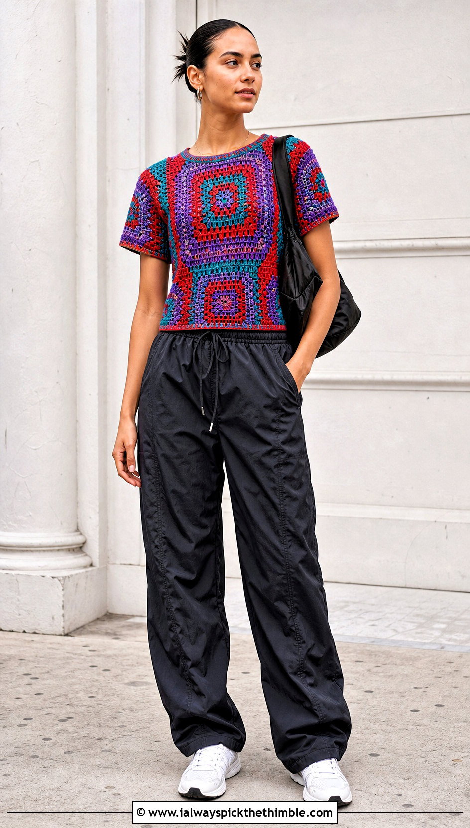 Tapestry Crochet Tee With Parachute Pants - 15 rustic crochet top outfit ideas