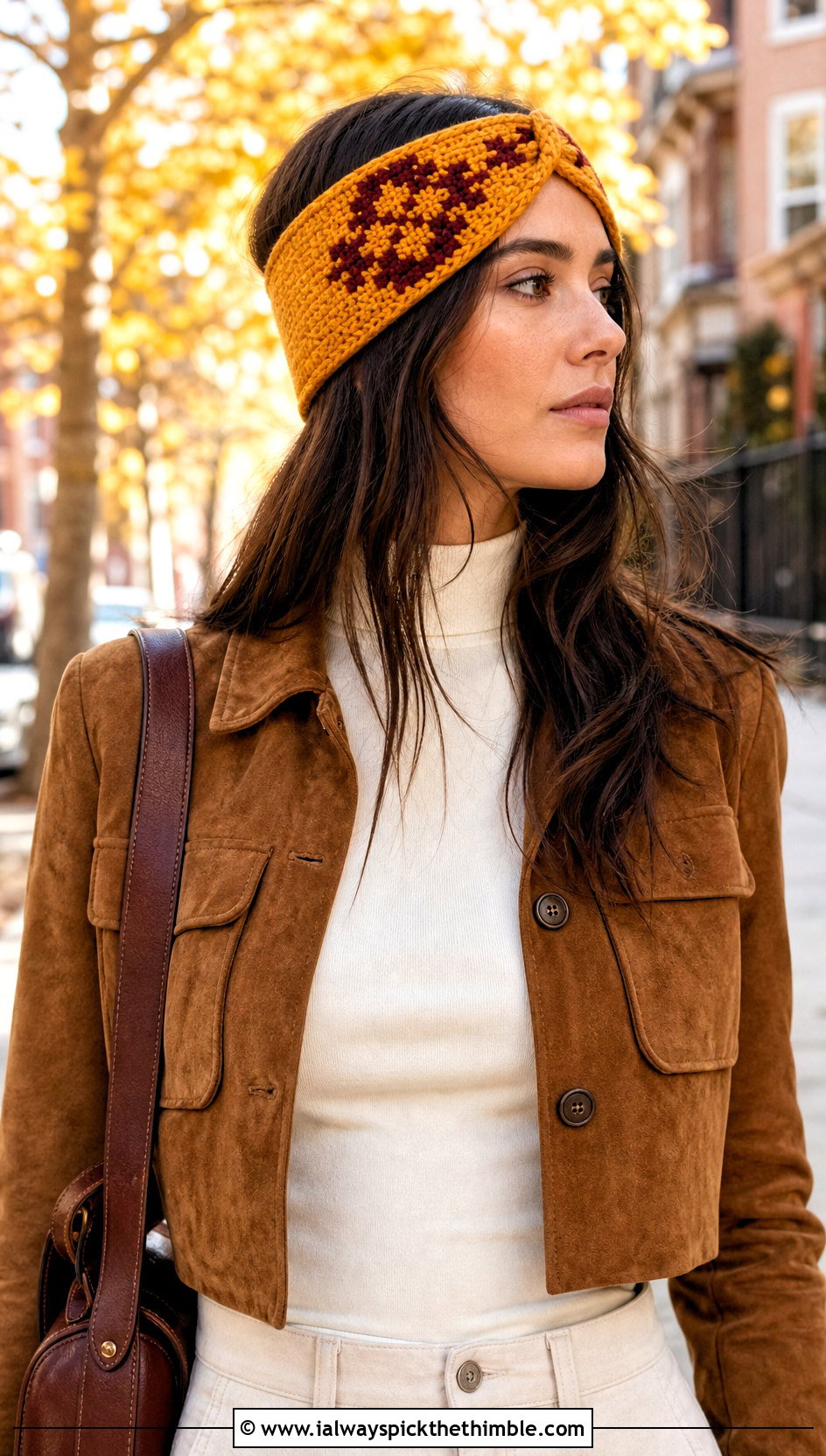 Tapestry Crochet Tie Headband With Suede Jacket And Flare Jeans - 25 crochet tie headband outfit ideas