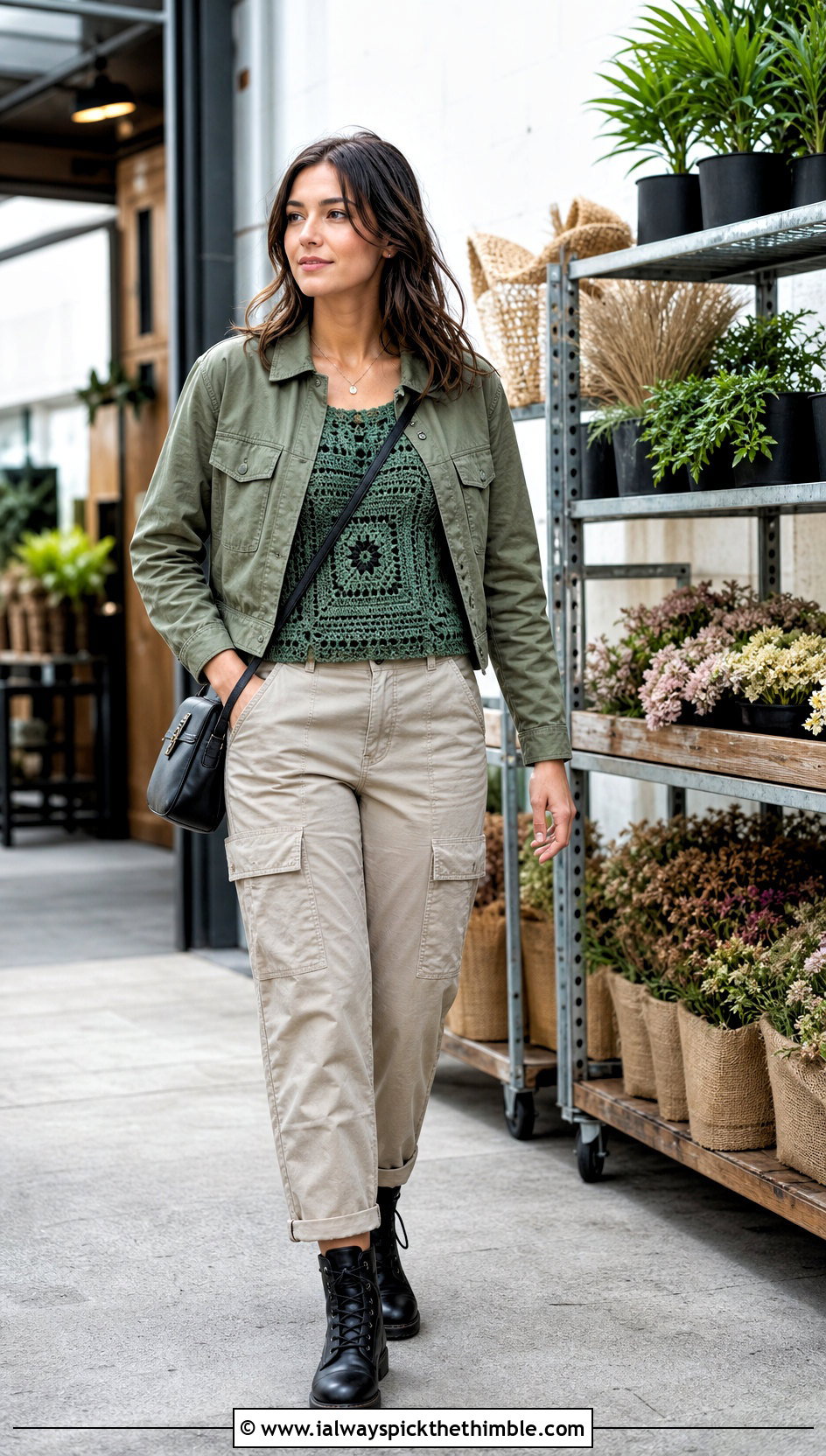 Tapestry Crochet Top With Utility Pants - 20 Crochet Tops For Fall outfit ideas