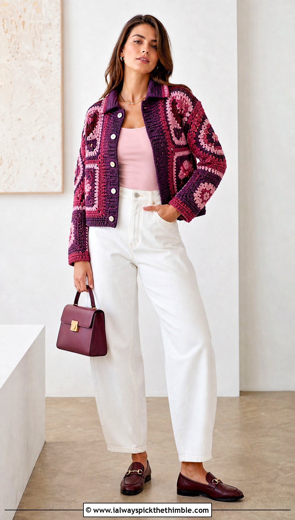 Tapestry Crochet Trucker Jacket With White Denim - 15 Colorful Crochet Jacket Design outfit ideas