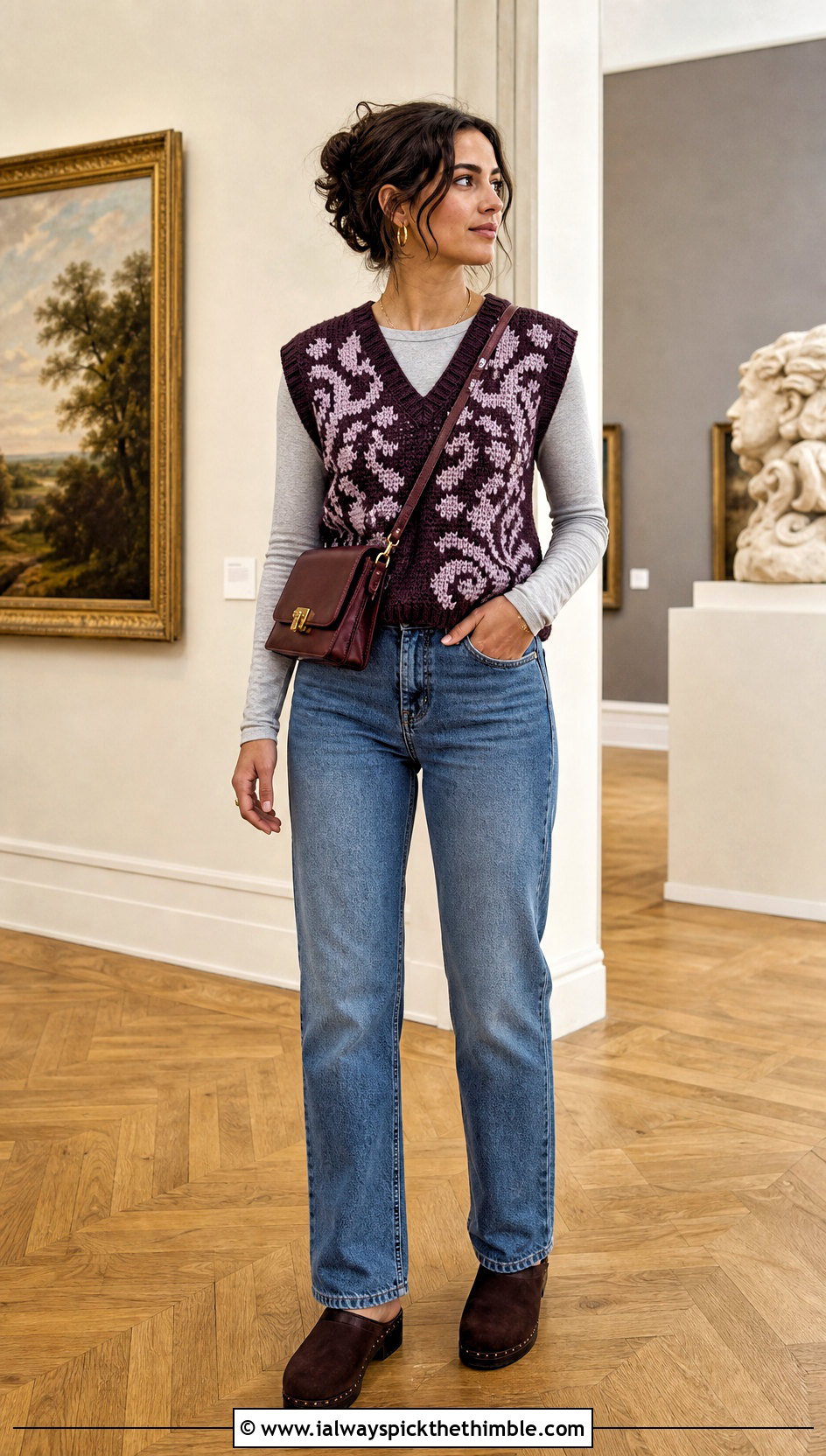 Tapestry Crochet V Neck Sweater Vest With Straight Jeans - 20 crochet v neck sweater vest outfit ideas