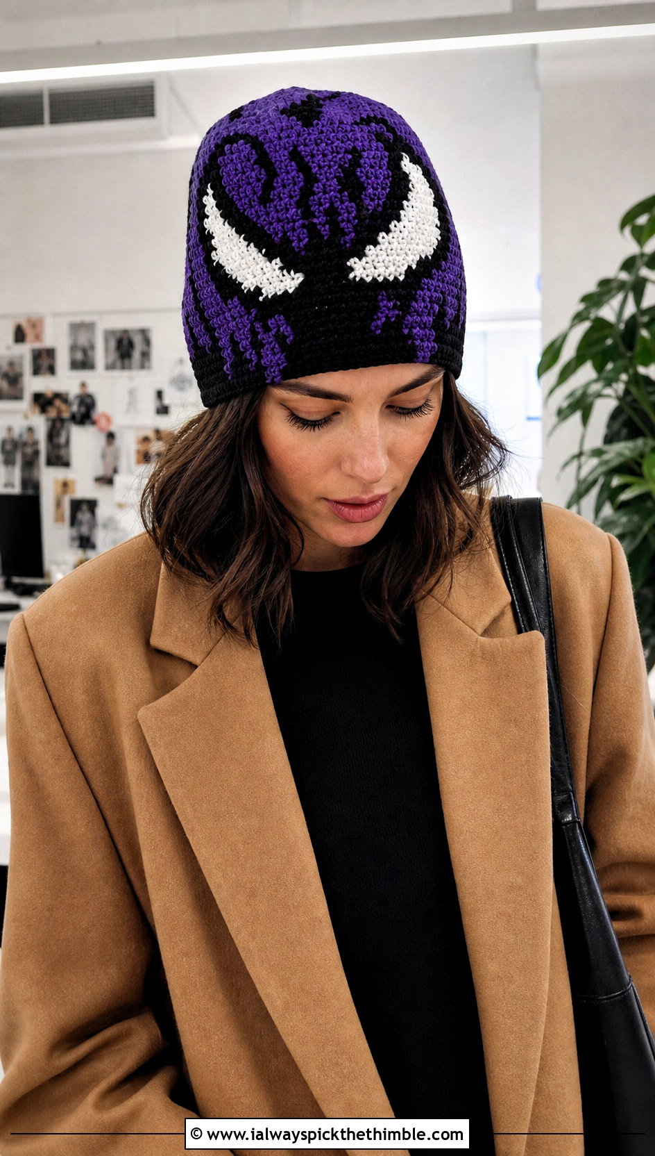 Tapestry Crochet Venom Beanie With Blazer And Jeans - 20 venom crochet beanie outfit ideas