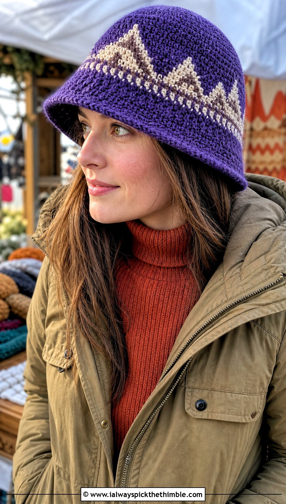 Tapestry Crochet Winter Bucket Hat With Utility Jacket - 25 crochet winter bucket hat outfit ideas