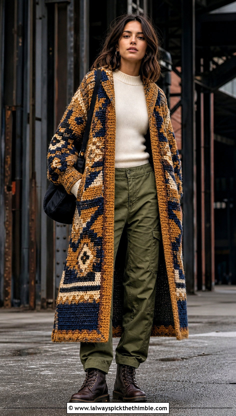 Tapestry Crochet Winter Coat With Cargo Pants - 20 Crochet Winter Coat outfit ideas
