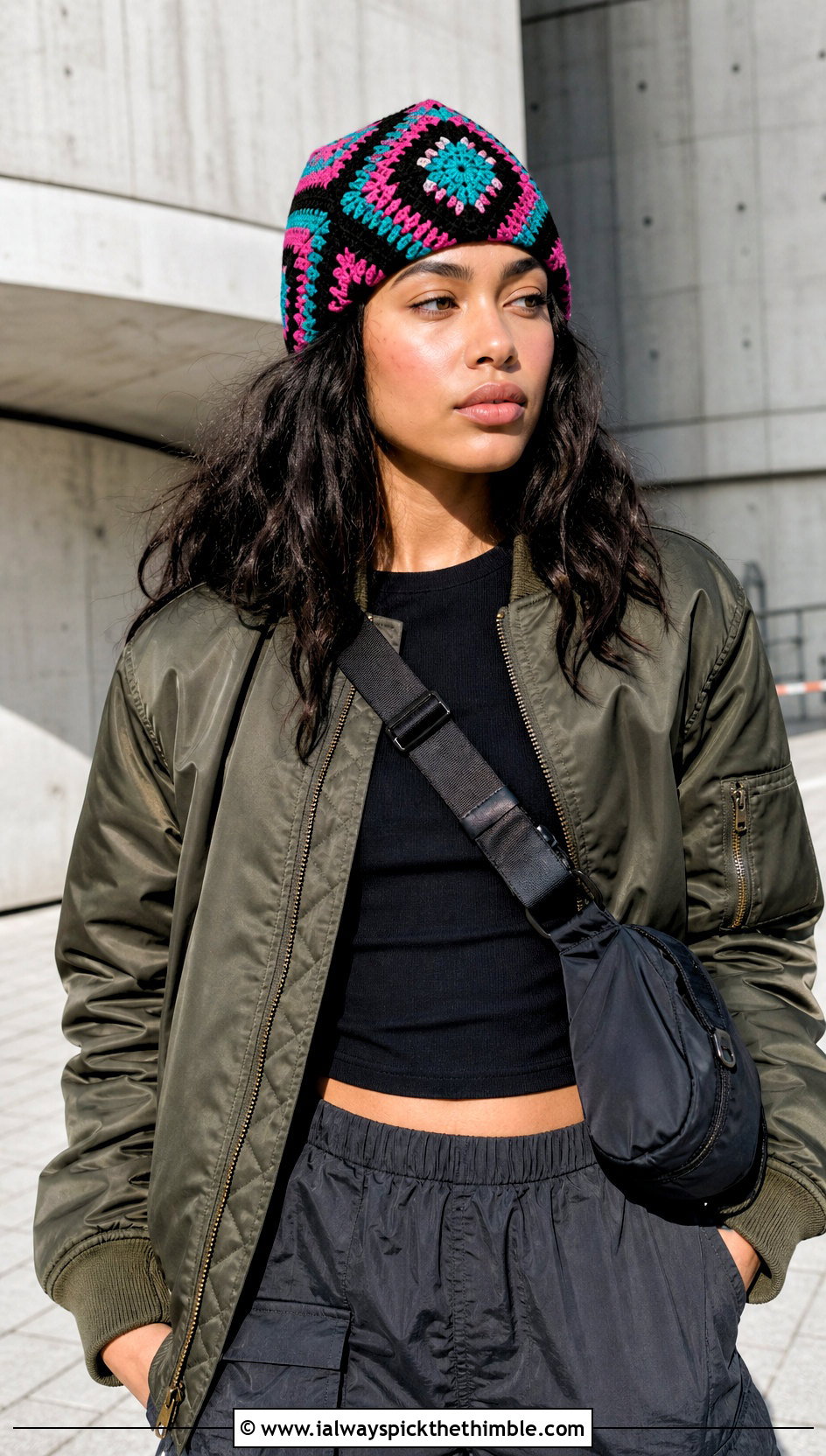 Tapestry Crocheted Beanie With Bomber Jacket And Parachute Pants - 25 crocheted beanie outfit ideas