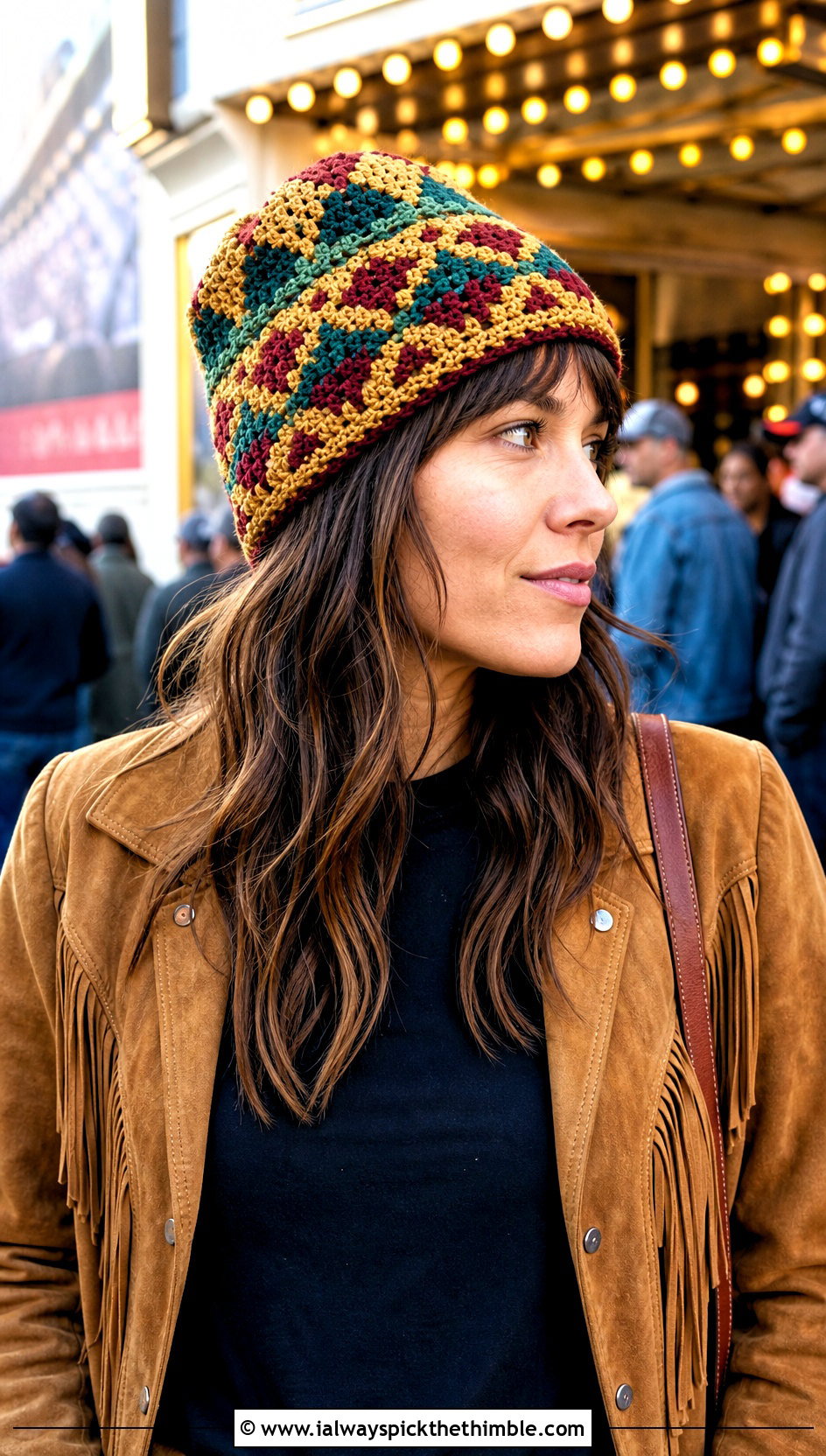 Tapestry Crocheted Beanie With Western Jacket And Black Jeans - 25 crocheted beanies outfit ideas