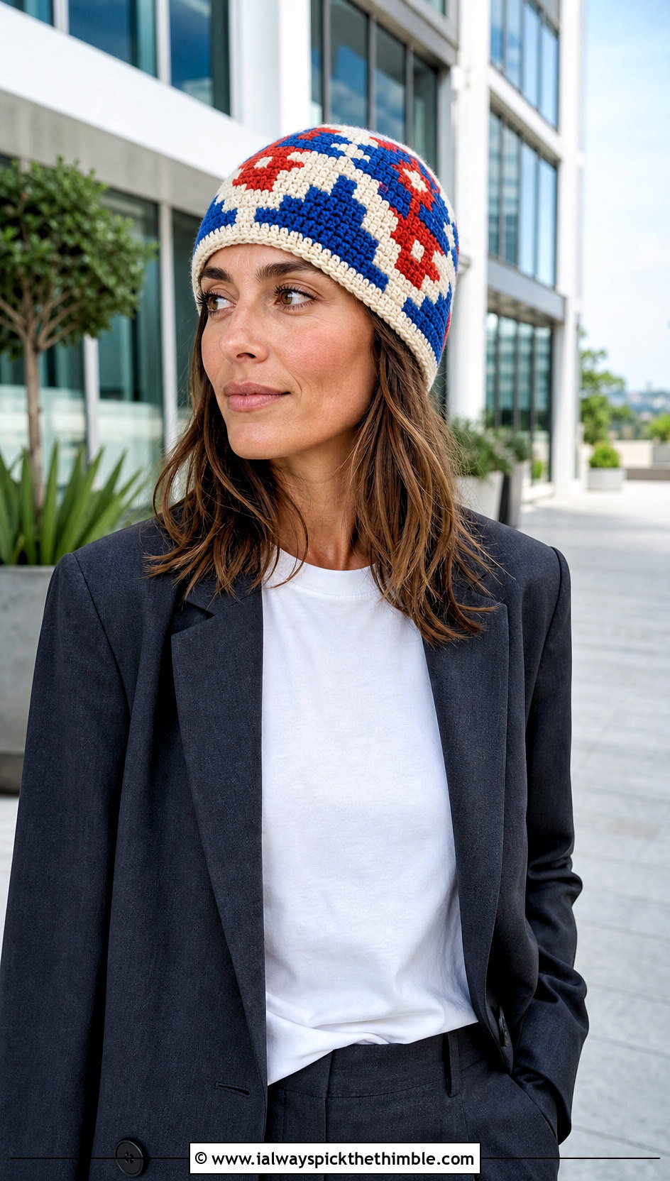 Tapestry Double Crochet Beanie With Tailored Suit And Sneakers - 20 double crochet hat outfit ideas