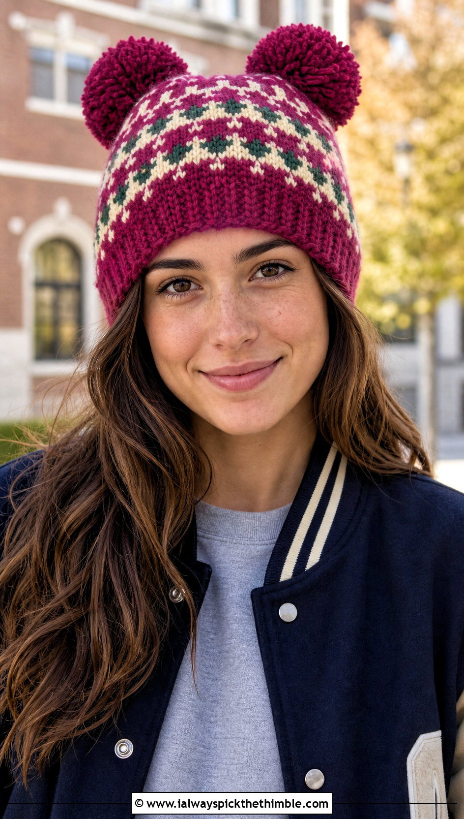 Tapestry Double Pom Pom Crochet Hat With Varsity Jacket - 20 Crochet Double Pom Pom Hat outfit ideas