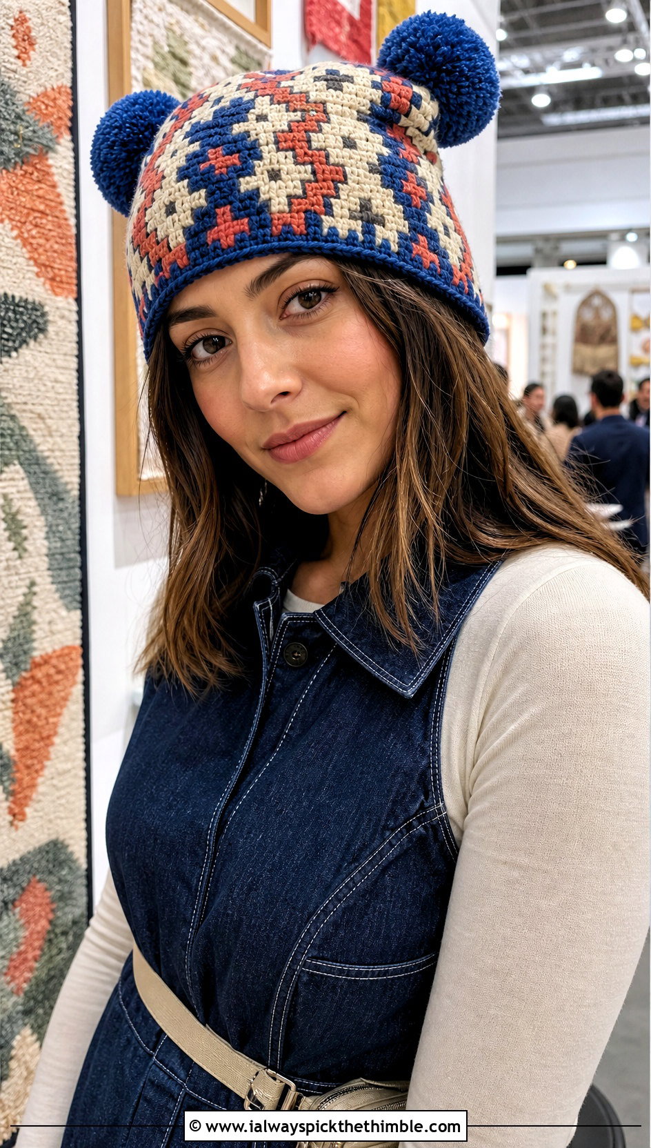Tapestry Double Pompom Crochet Hat With Denim Jumpsuit - 20 Double Pompom Crochet Hat outfit ideas