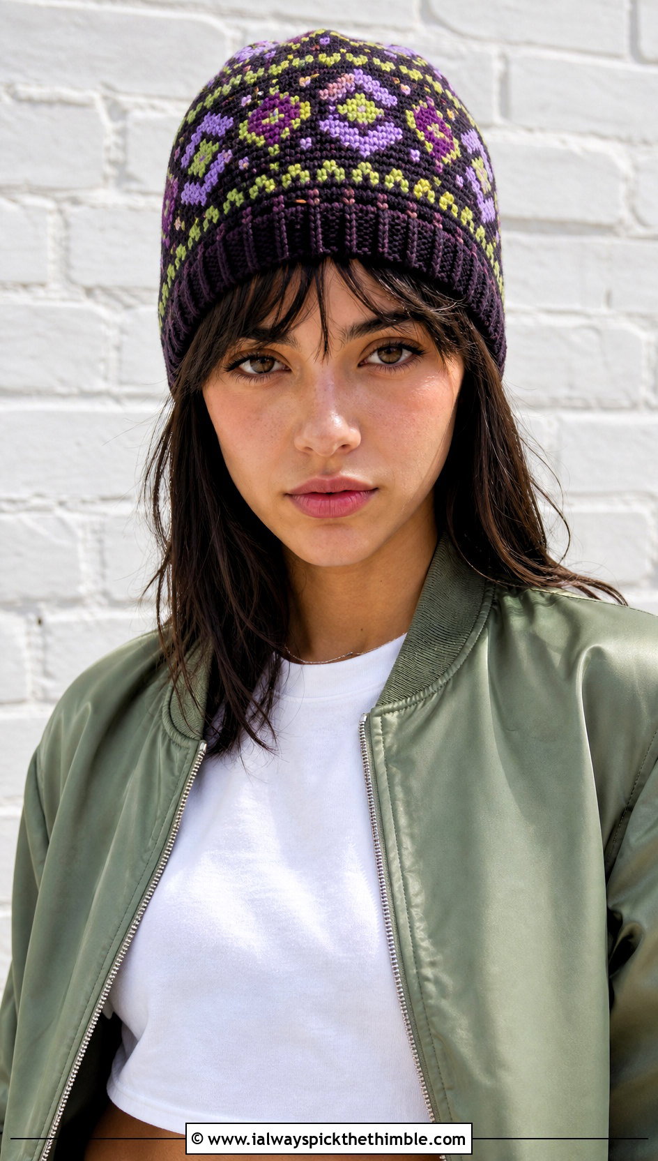 Tapestry Fair Isle Crochet Beanie With Bomber Jacket - 20 fair isle crochet hat outfit ideas