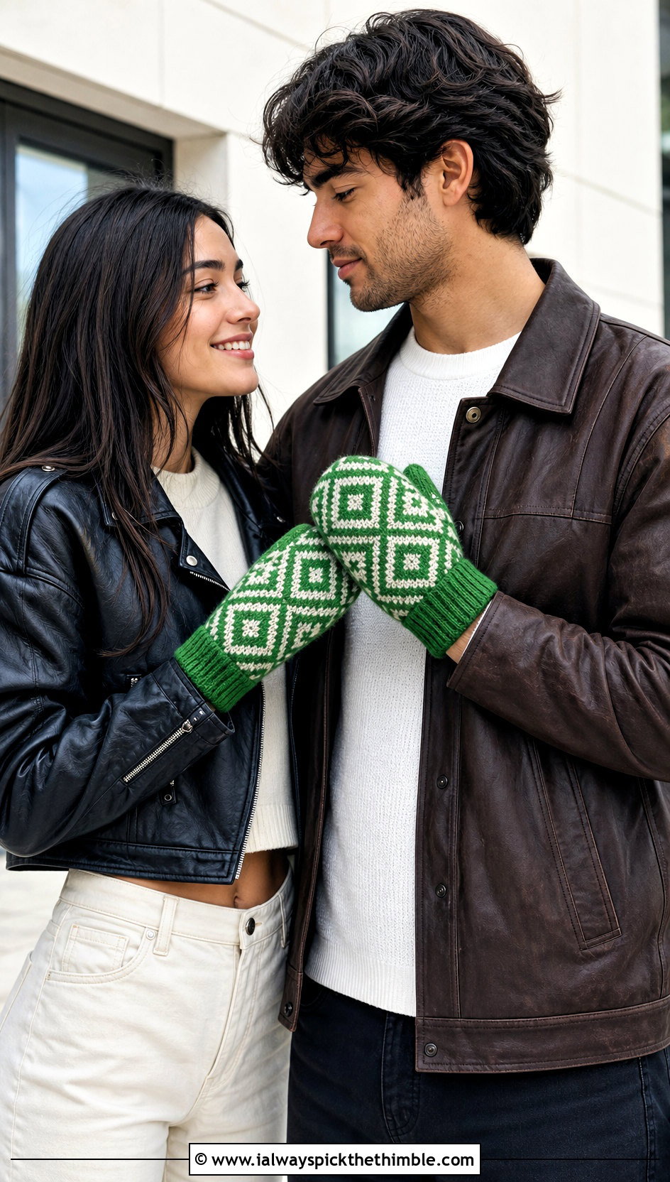 Tapestry Geometric Couple Mittens With Leather Jackets - 20 crochet couple mittens outfit ideas