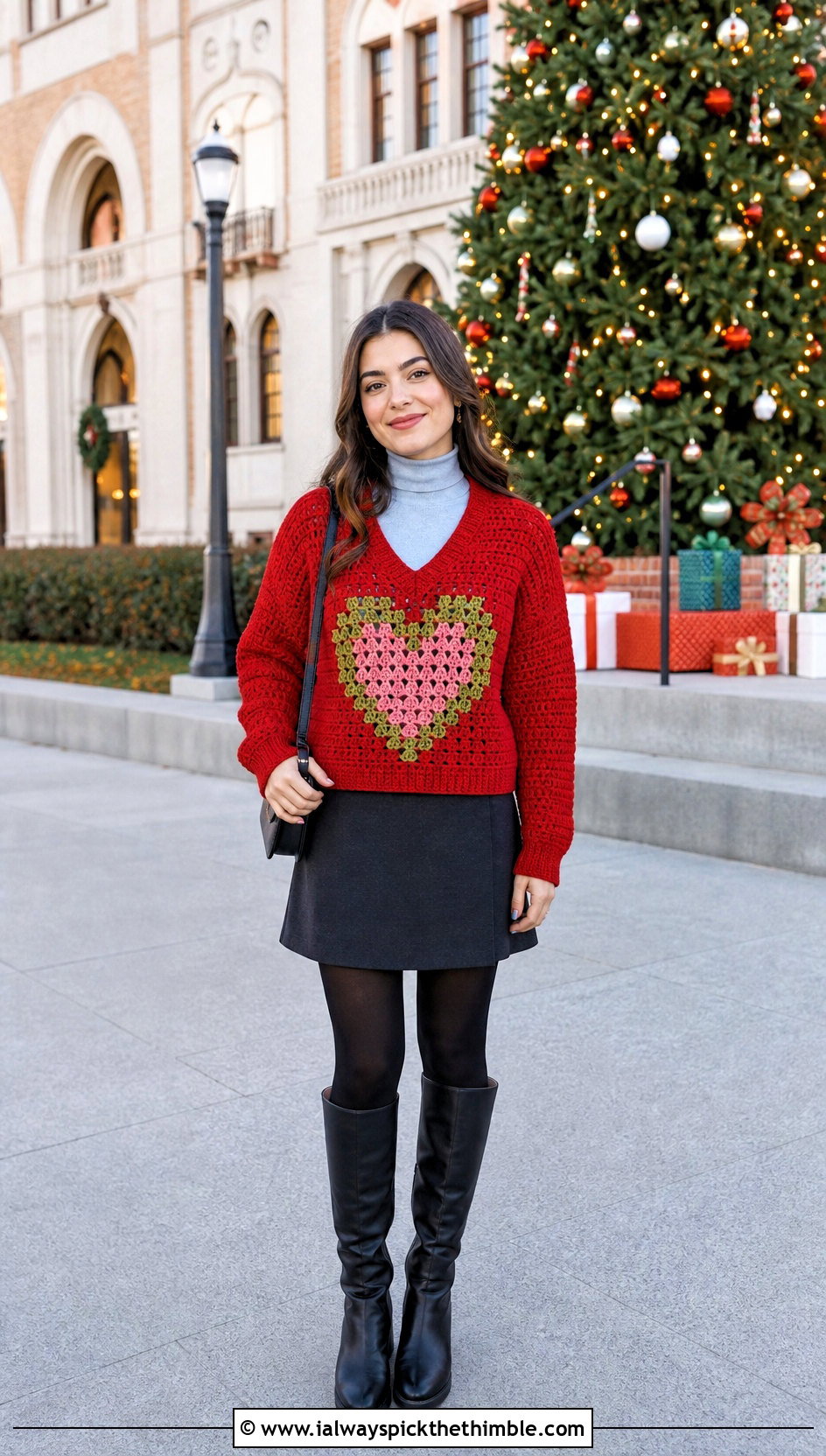 Tapestry Heart V Neck Crochet Sweater With Miniskirt - 20 crochet valentine sweater outfit ideas
