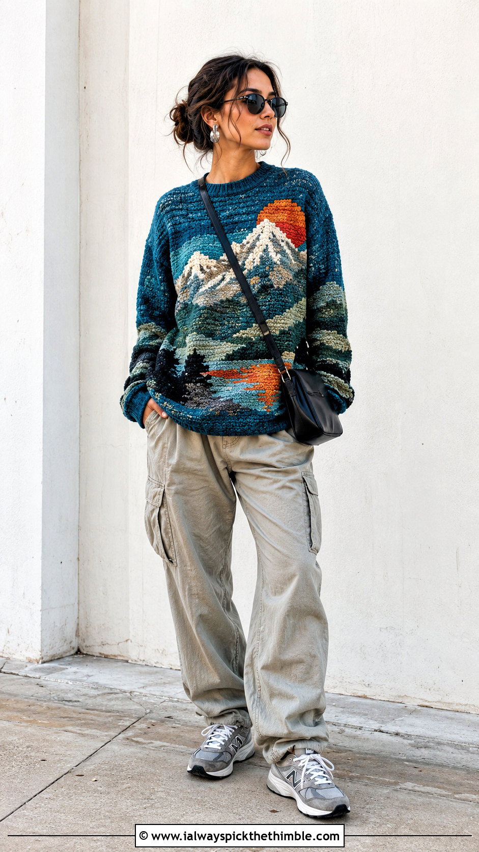 Tapestry Landscape Crochet Graphic Sweater With Cargo Pants - 20 crochet graphic sweater outfit ideas