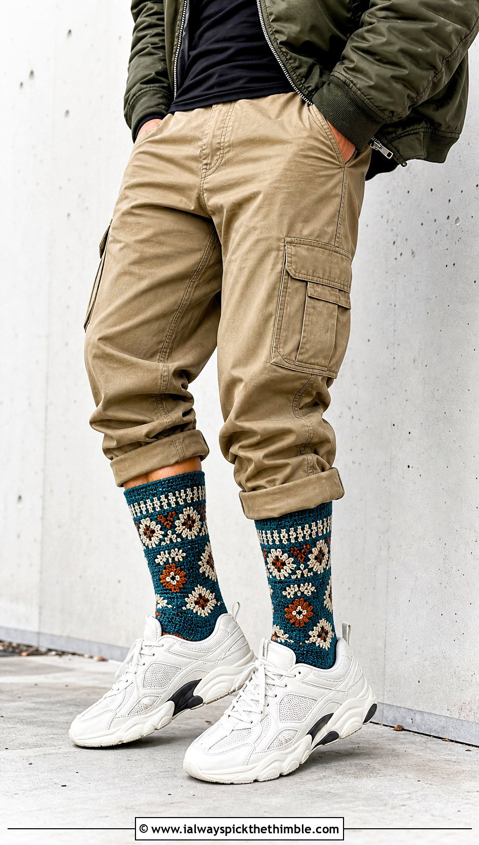 Tapestry Mid Calf Crochet Wool Socks With Cargo Pants - 20 Crochet Wool Socks outfit ideas