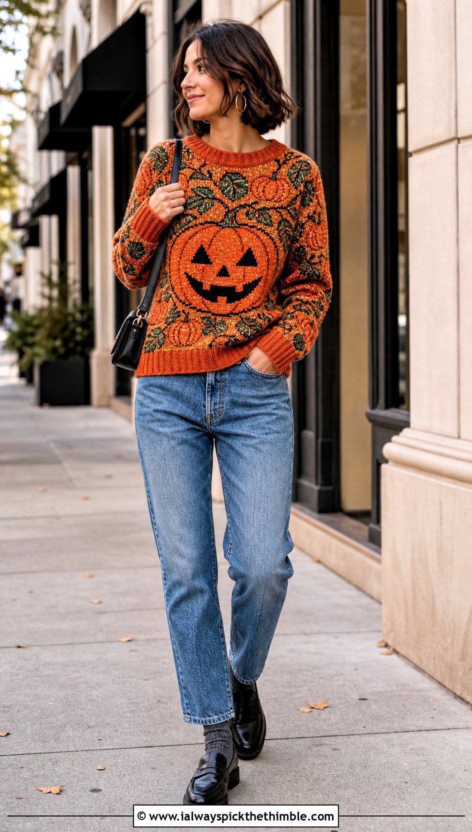 Tapestry Pumpkin Spooky Crochet Sweater With Straight Leg Jeans - 15 Spooky Crochet Sweater outfit ideas