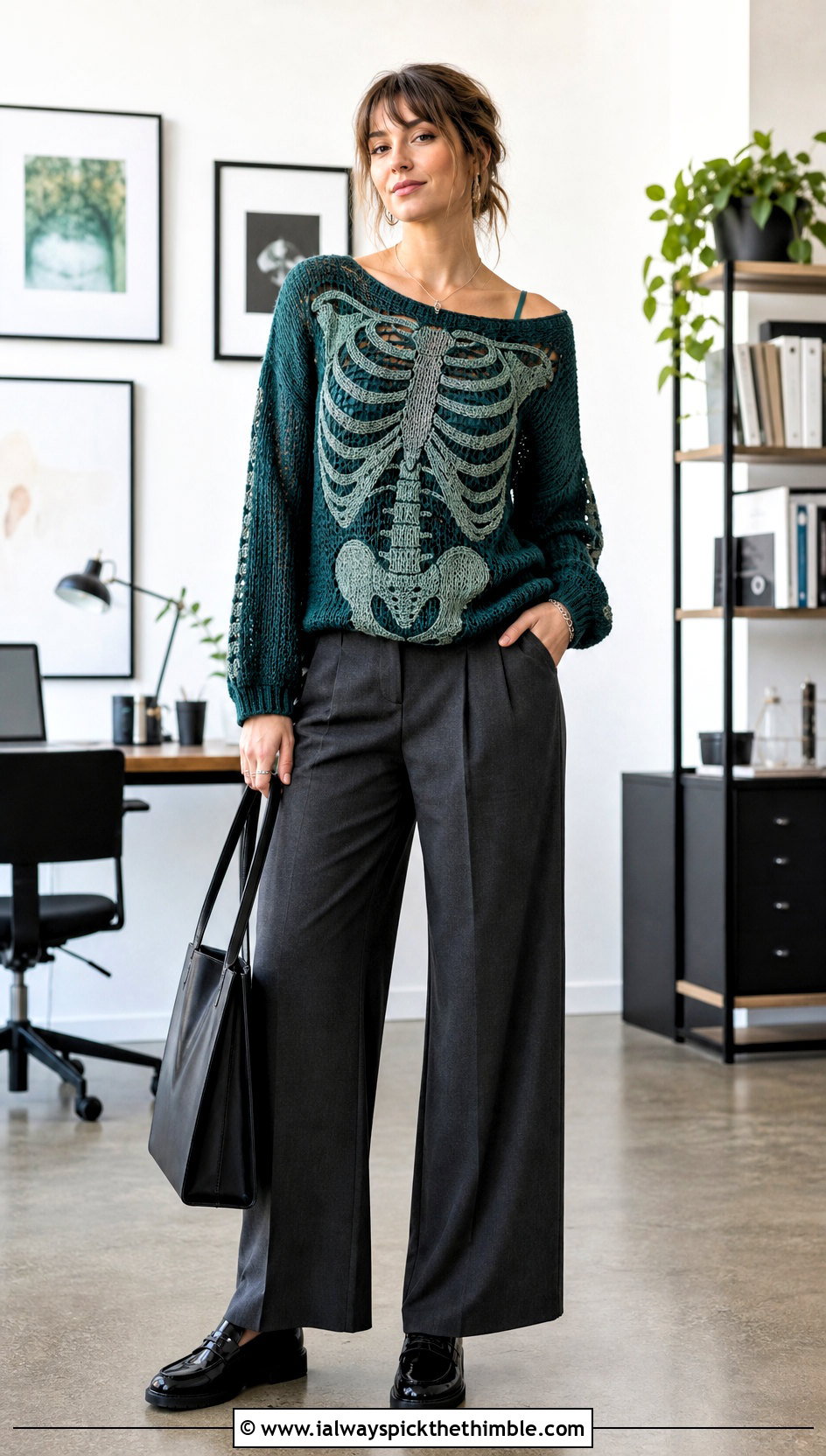 Tapestry Ribcage Crochet Skeleton Sweater With Tailored Trousers - 20 Crochet Skeleton Sweater outfit ideas