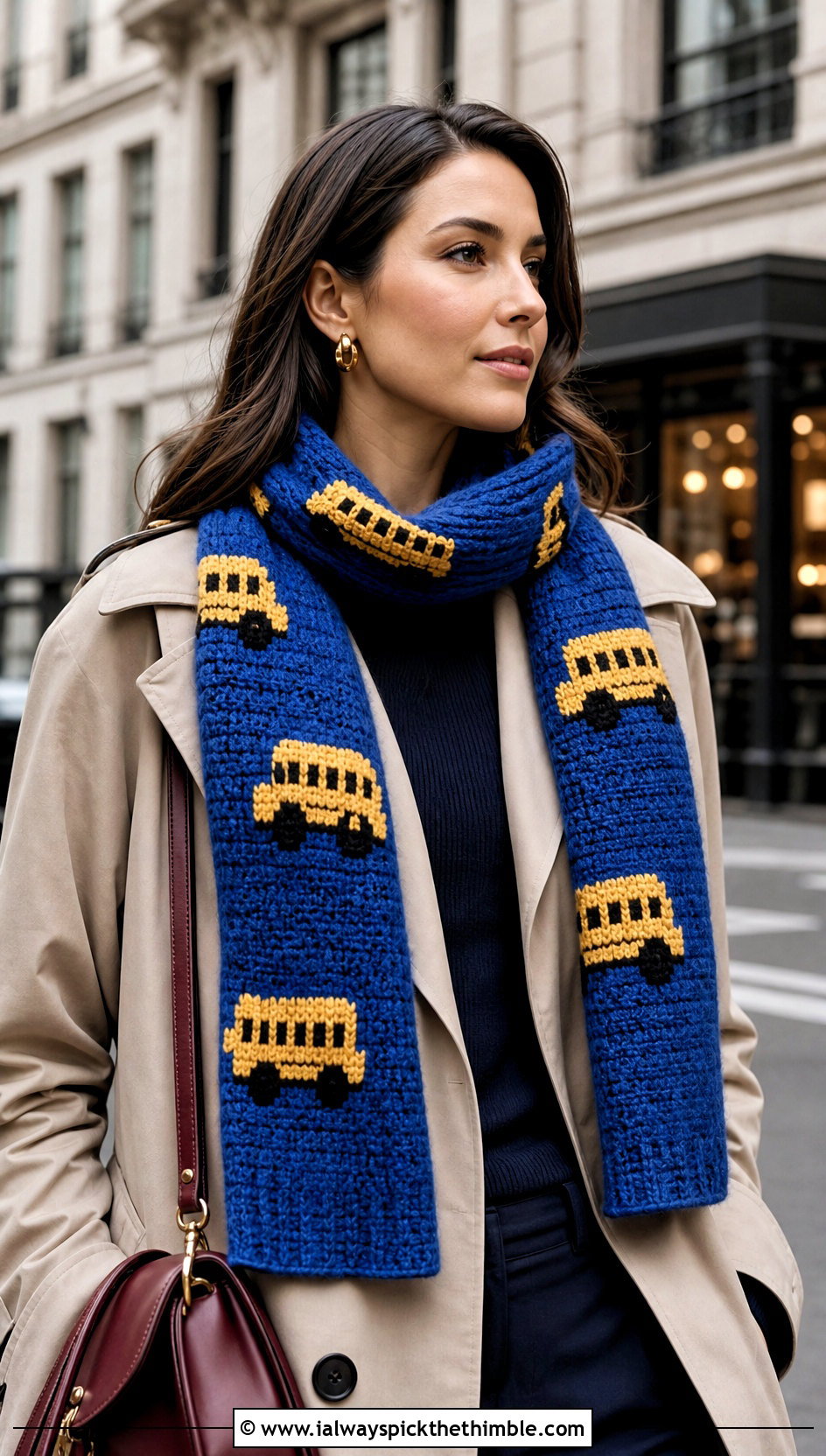 Tapestry School Bus Scarf With Trench Coat - 20 Crochet School Bus Scarf outfit ideas
