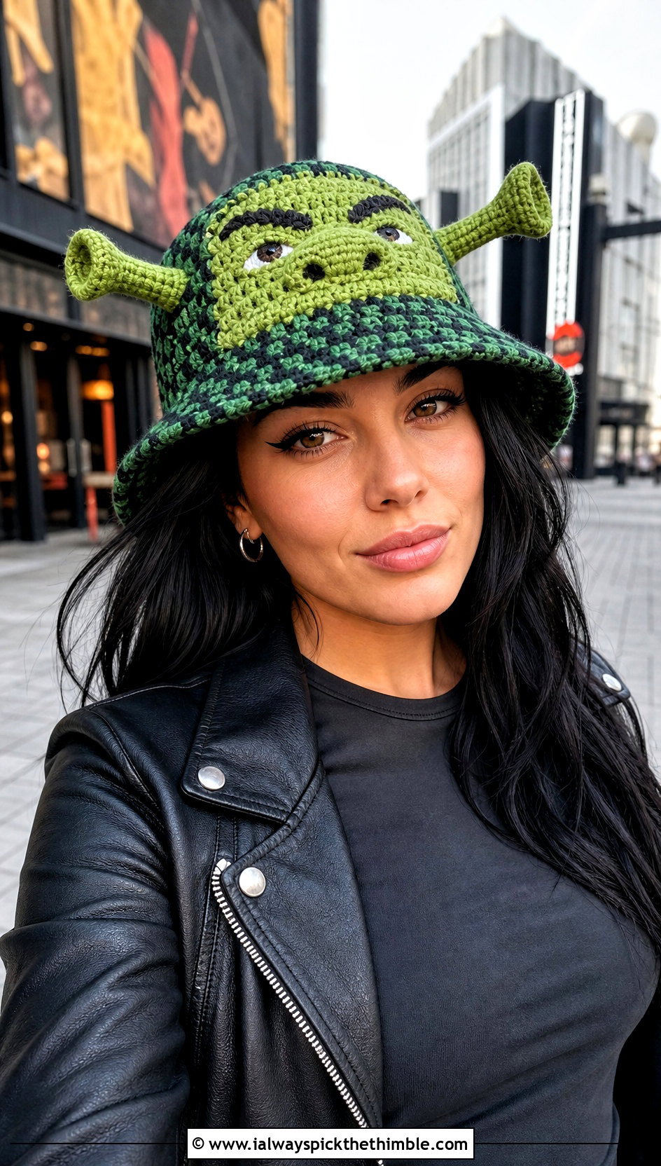 Tapestry Shrek Crochet Bucket Hat With Leather Jacket - 20 shrek crochet bucket hat outfit ideas