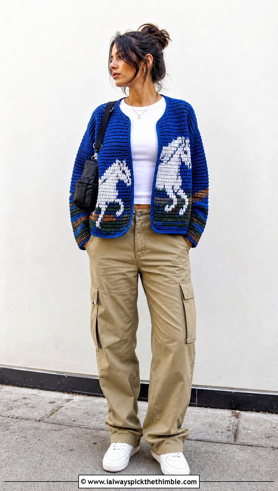 Tapestry Single Crochet Cardigan With Cargo Pants - 20 single crochet cardigan outfit ideas