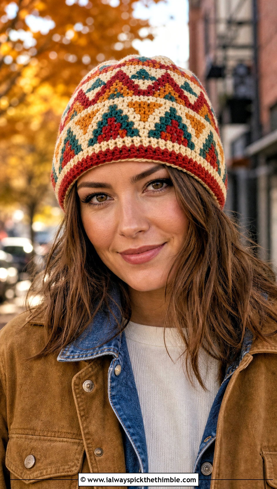 Tapestry Stitch Crochet Hat With Suede Jacket And Denim - 20 crochet stitch hat outfit ideas