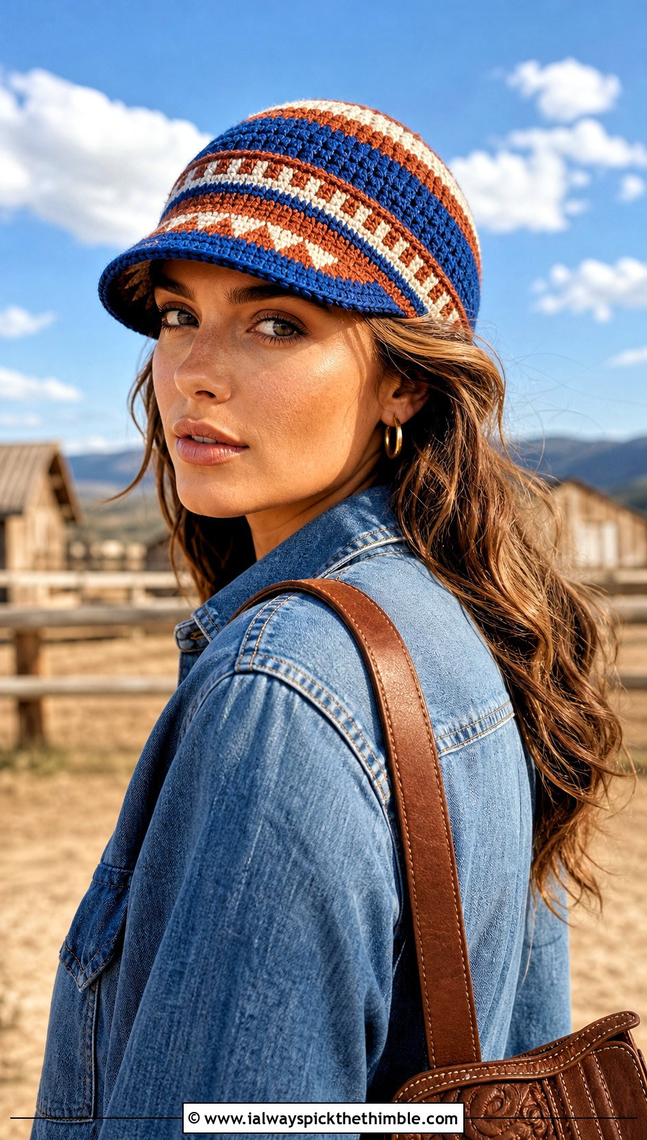 Tapestry Stripe Crochet Cap With Western Denim - 15 crochet hats stripes outfit ideas
