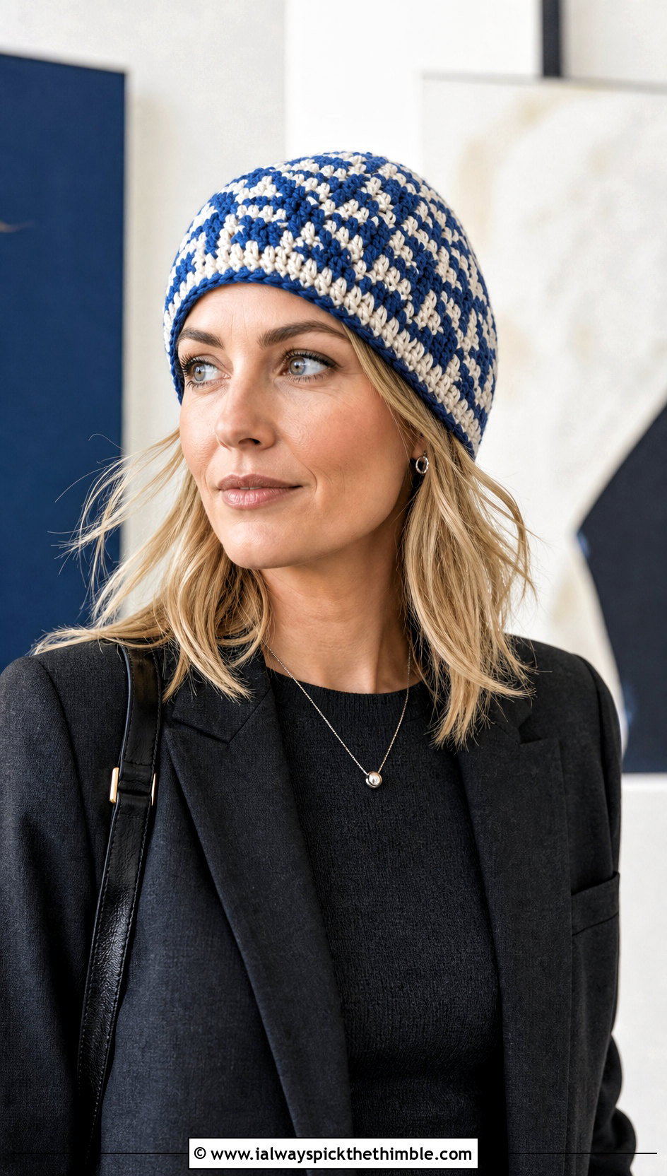 Tapestry Two Color Crochet Beanie With Blazer - 20 two color crochet beanie outfit ideas
