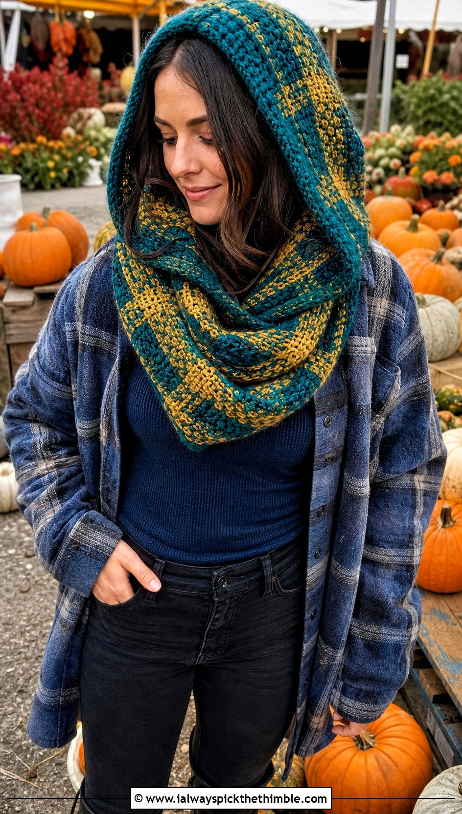 Tartan Hooded Crochet Cowl Snood With Plaid Shacket - 20 hooded crochet cowl snood outfit ideas