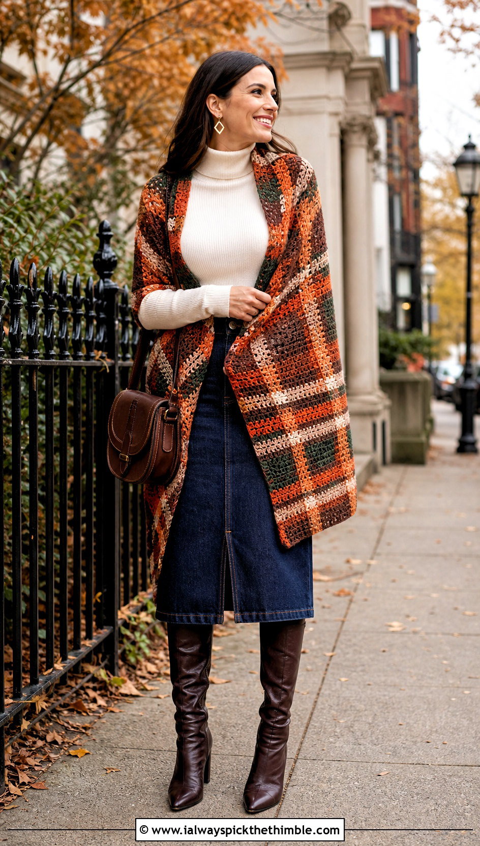 Tartan Striped Crochet Outlander Shawl With Denim Skirt - 25 crochet outlander shawl outfit ideas