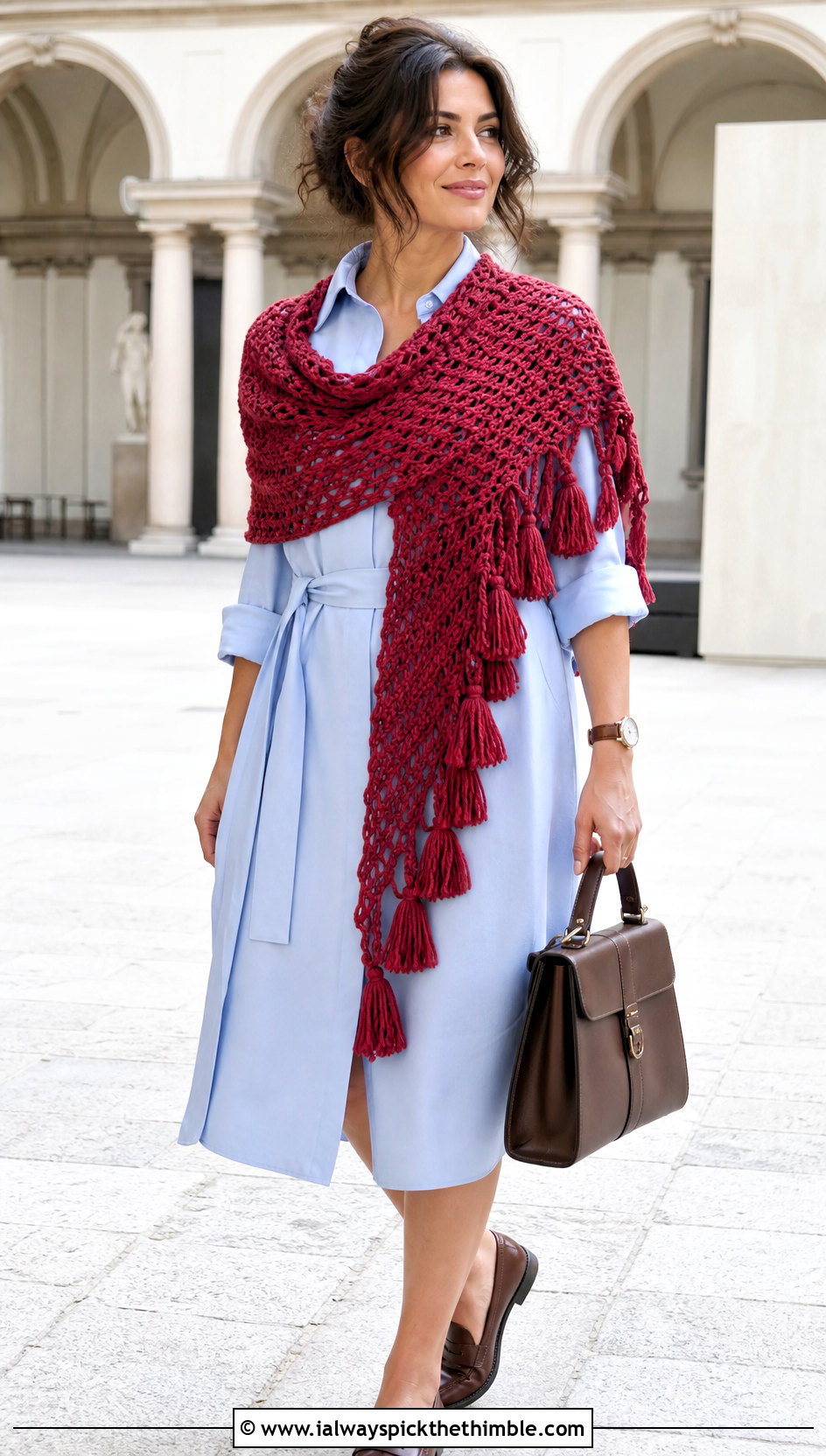 Tassel Asymmetrical Crochet Shawl With Shirt Dress - 20 asymmetrical crochet shawl outfit ideas