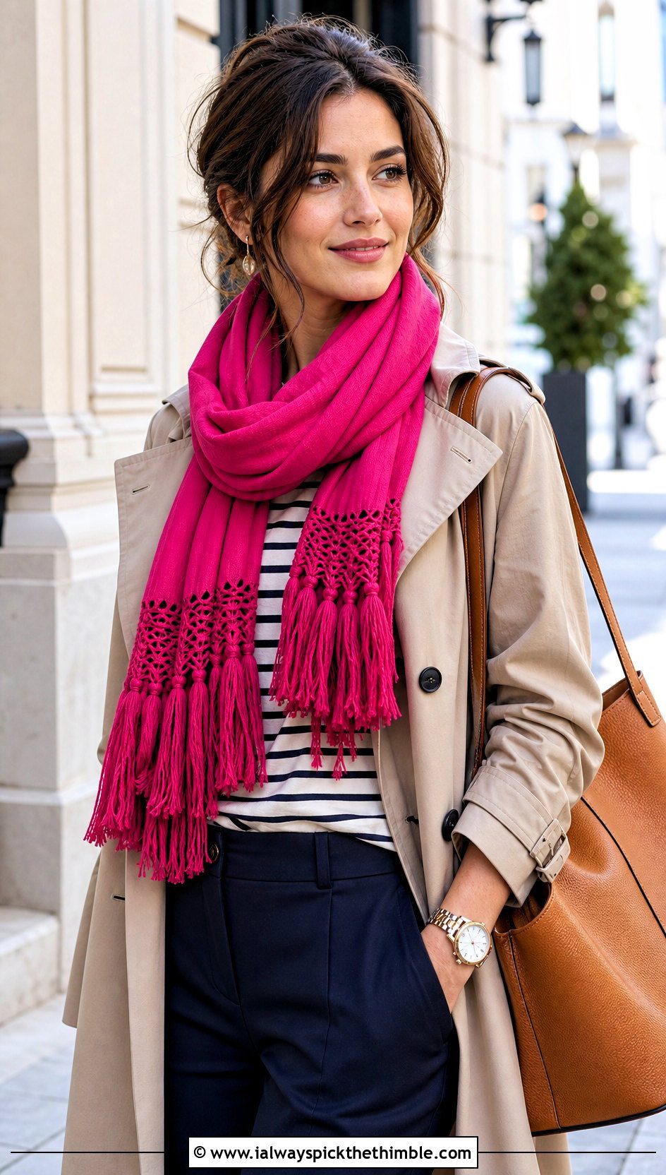 Tassel Bonfire Scarf With Trench Coat - 20 Crochet Bonfire Scarf outfit ideas