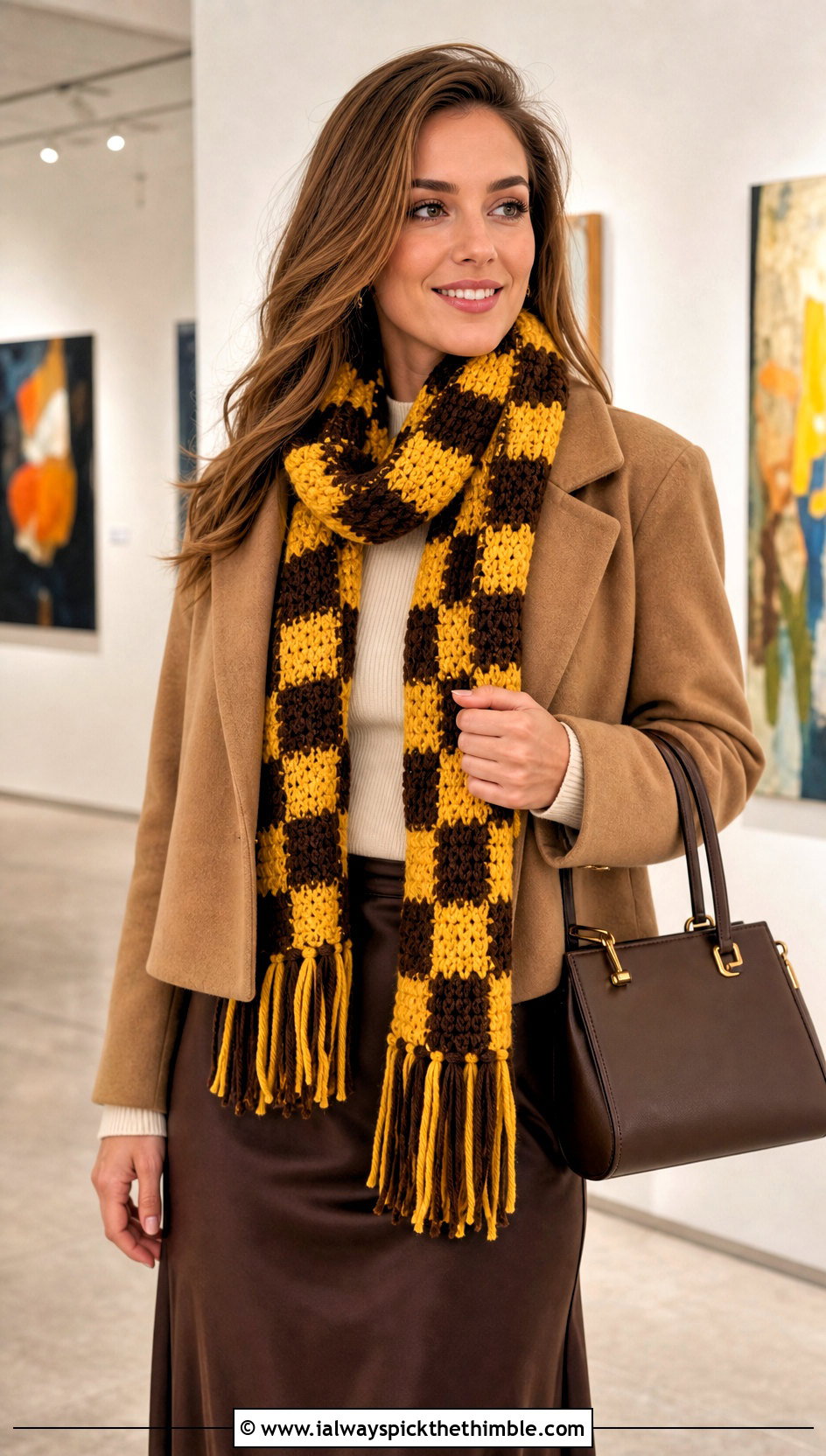 Tassel Buffalo Plaid Crochet Scarf With Midi Skirt - 15 buffalo plaid crochet scarf outfit ideas