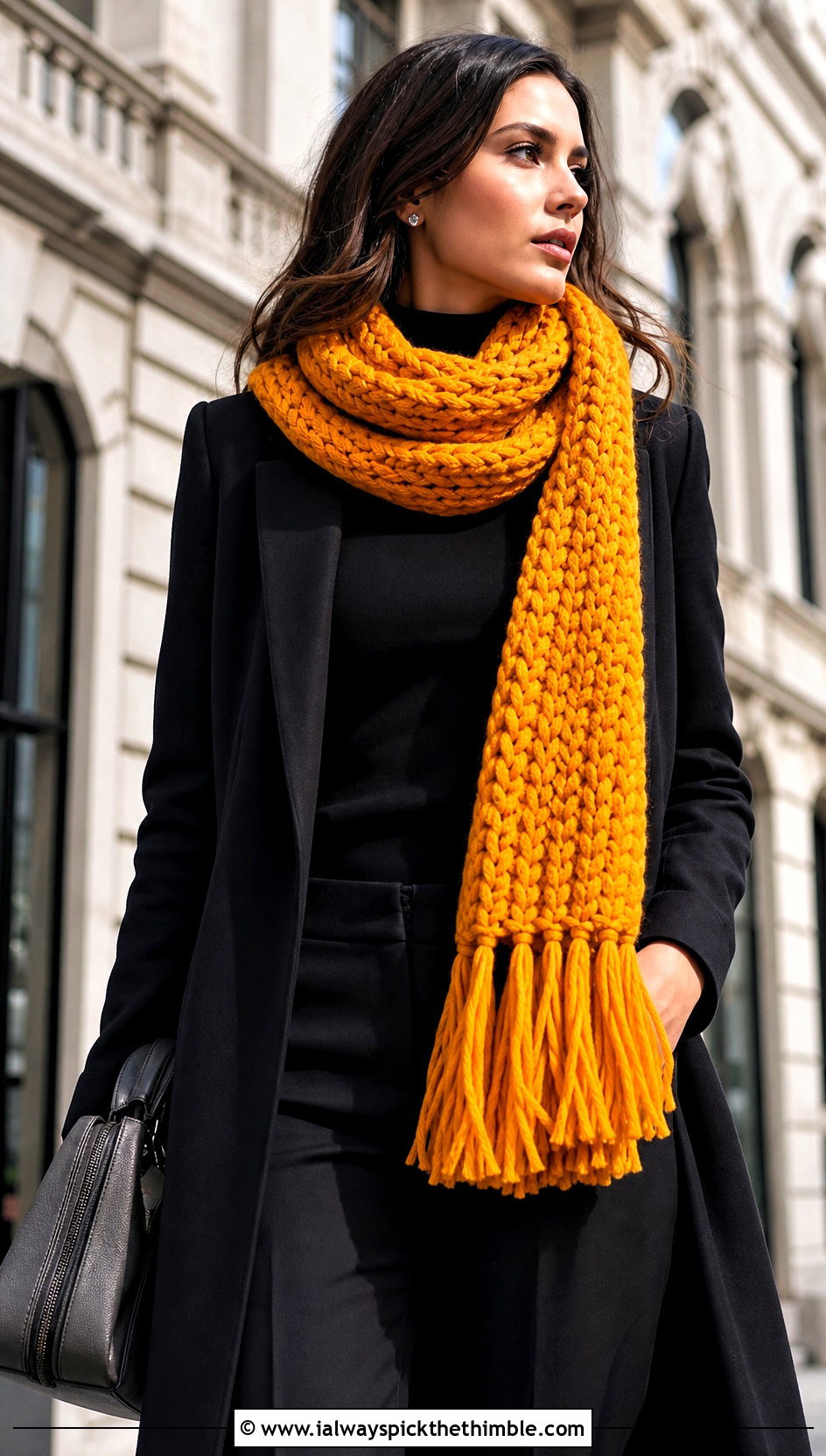 Tassel Bulky Crochet Scarf With Monochrome Outfit - 20 bulky crochet scarf outfit ideas