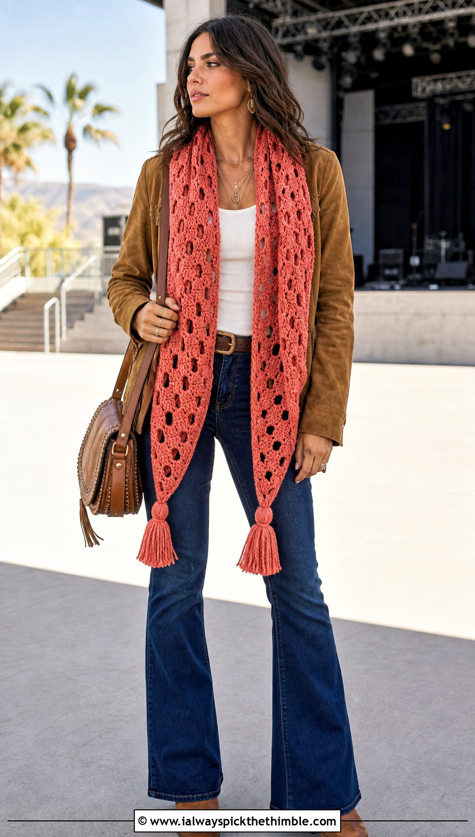 Tassel C2C Triangle Scarf With Suede Jacket And Flared Jeans - 25 c2c crochet scarf outfit ideas