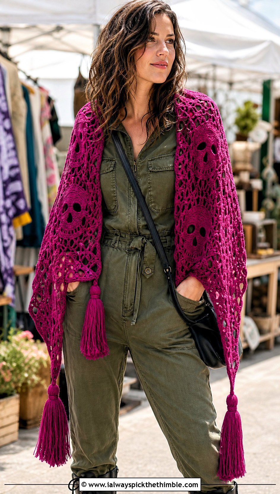 Tassel Corner Crochet Skull Shawl With Utility Jumpsuit - 25 crochet skull shawl outfit ideas
