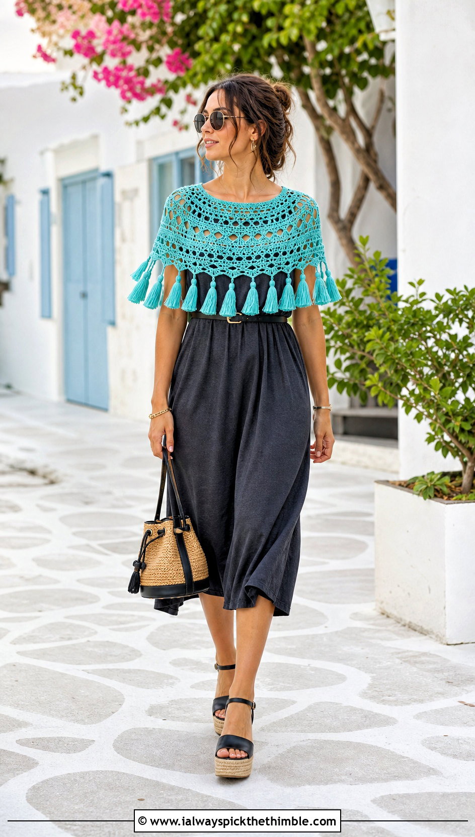 Tassel Crochet Capelet With T Shirt Dress - 25 crochet capelet outfit ideas
