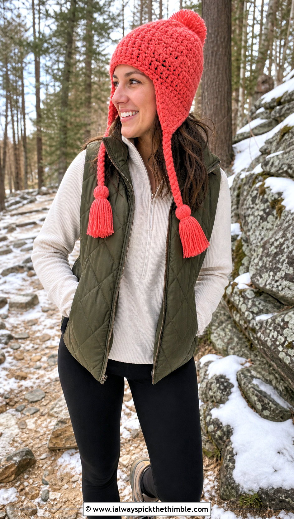Tassel Crochet Earflap Beanie With Quilted Vest - 20 crochet earflap beanie outfit ideas