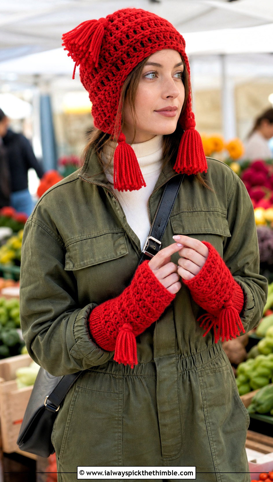 Tassel Crochet Hat And Thumbhole Hand Warmers With Utility Jumpsuit - 15 Crochet Hat With Hand Warmer outfit ideas